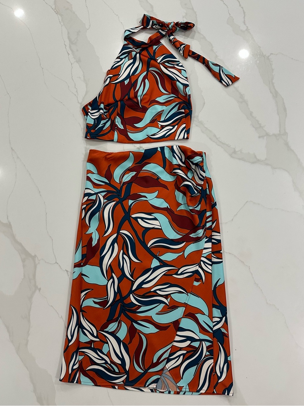 Sigrid Olsen Rust Midi Skirt and halter with Aqua & Navy Leaf Print